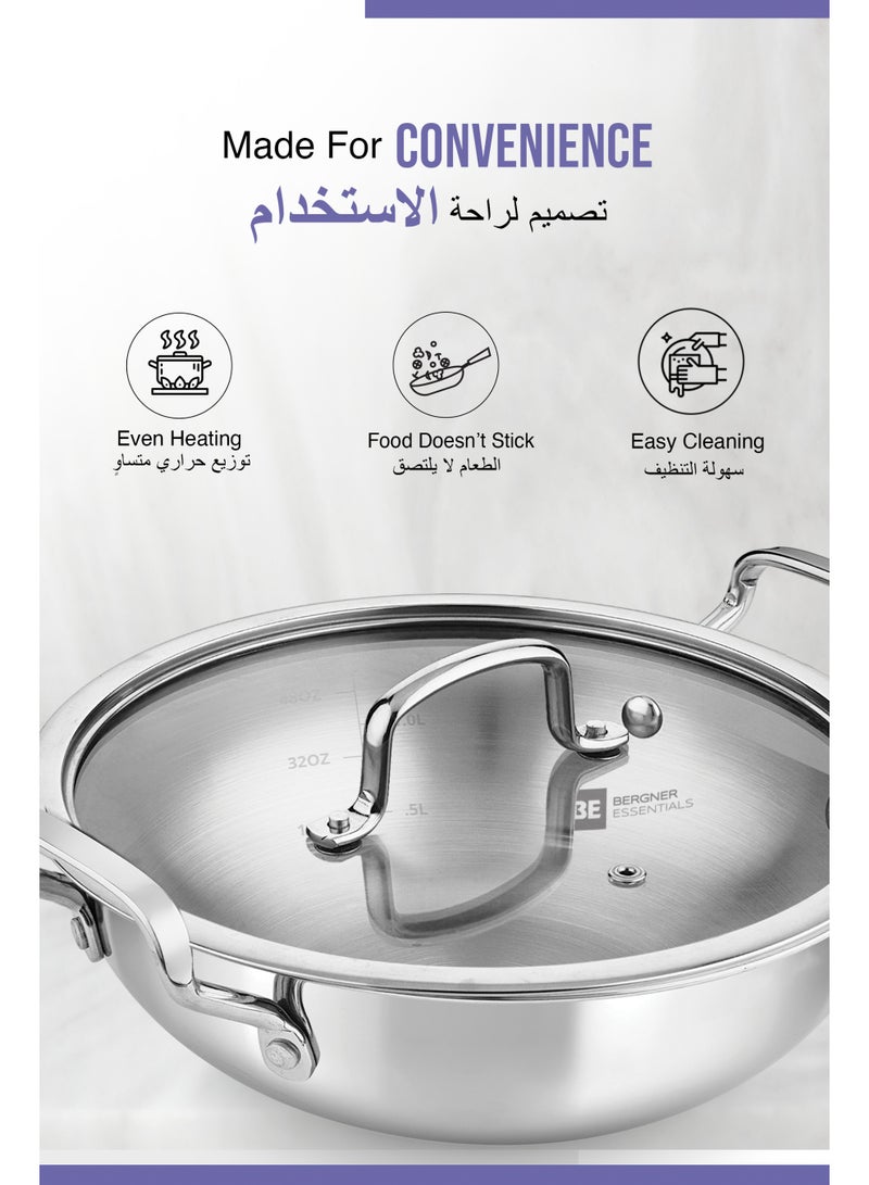 بيرجنر مقلاة تشويح بيرغنر 24 سم (3 لتر) من الفولاذ ثلاثي الطبقات مع غطاء زجاجي - مقلاة عميقة للطهي الصحي واستخدام زيت أقل - "ووك" بقاعدة حث - "كاداي" ثلاثية الطبقات لتوزيع حراري متساوٍ - مقلاة تشويح عميقة - Image 4